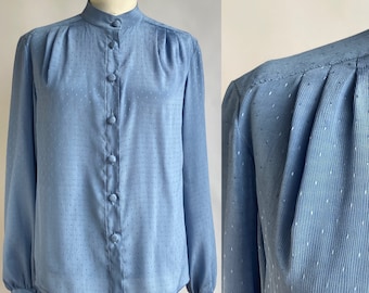 80's blouse M-L in blue blend, women's vintage blouse, 80's fashion, 1980s retro style