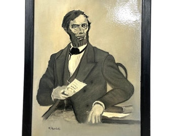 Vintage French Varnished Painting Original Artwork Portrait Moment In Time Art Abraham Lincoln Signed M. Hamlati c1990-2000 / EVE