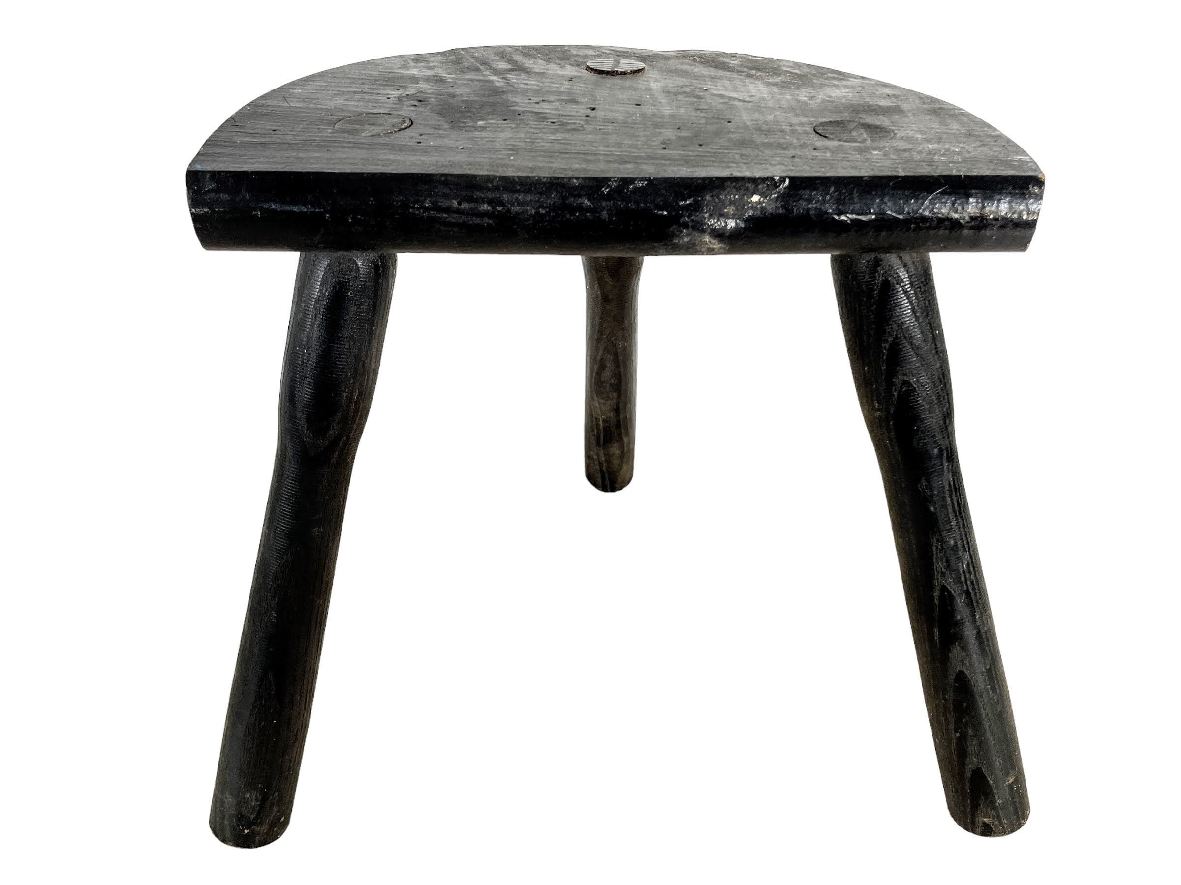 Stool Vintage French Painted Black Traditional Milking Stool Wooden Brown Small Chair Stand Rest Plinth Seating Pot Tabouret c1960's / EVE