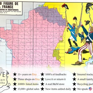 Vintage französisches Plakat Schule Lernen Lernanzeige Französische Abteilungen Historische Regionen Lernkarte Diagramm Lehren c1970-80's / EVE