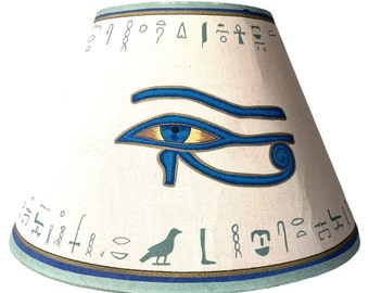 Vintage French Beige Blue Egyptian Hieroglyphics Lamp Shade Lampshade Desktop Desk Light c1990's / EVE