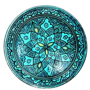 Vintage Moroccan Safi Large Turquoise Blue Yellow Black Worn Terracotta Pottery Dish Plate Bowl Storage Arabian Prop Display c1970&#39;s / EVE