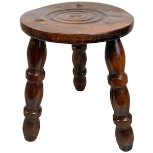 Stool Vintage French Traditional Worn Weathered Damaged Small Dinky Milking Stool Stand Bobbin Leg Plinth Seating Tabouret c1950&#39;s / EVE