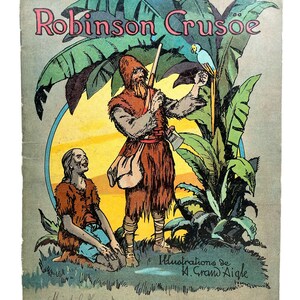 Antique French Robinson Crusoe Picture Book Collection Kids Storybook Memorabilia Collector circa 1920&#39;s / EVE