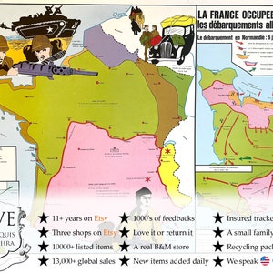 Vintage französische Plakatschule, die lernbildende Anzeige besetztes Frankreich Alliierte Landungslandung des Zweiten Weltkriegs Lernkarte c1970-80's / EVE