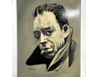 Vintage French Varnished Painting Original Artwork Portrait Moment In Time Art Humphrey Bogart Signed M. Hamlati c1990-2000 / EVE