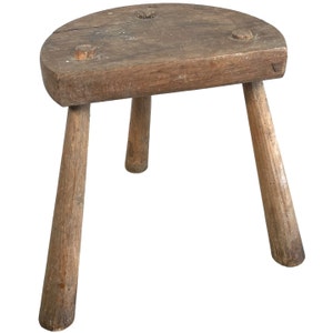 Stool Vintage French Small Milking Stool Wooden Brown Small Stand Display Rest Plinth D Shaped Seat Tapered Legs Tabouret c1950&#39;s / EVE