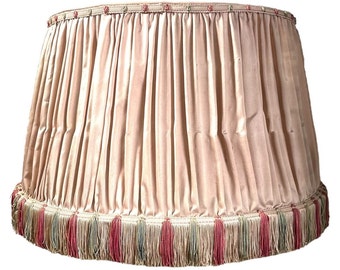 Vintage French Worn Damaged Green Pink Beige Pleated Cotton Tassel Fringe Lamp Shade Lampshade Large Ceiling Light c1950's / EVE