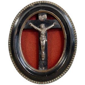Vintage French Wall Hanging Crucifix Jesus Cross On Oval Wooden Plaque Church Chapel Roman Catholic Metal DAMAGED c1950&#39;s / EVE