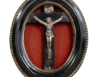 Vintage French Wall Hanging Crucifix Jesus Cross On Oval Wooden Plaque Church Chapel Roman Catholic Metal DAMAGED c1950&#39;s / EVE