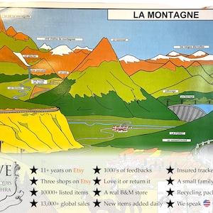 Vintage französisches Plakat Schule Lernen Lernwand Anzeige Berge Ebenen Plateaux Kulturpflanzen Karte Diagramm Lehre c1970-80's / EVE