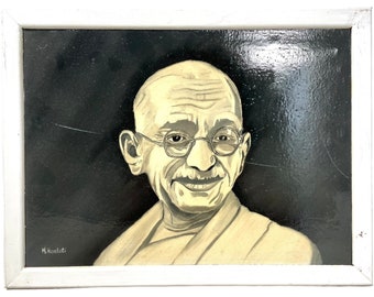 Vintage French Varnished Painting Original Artwork Portrait Moment In Time Art Mahatma Gandhi Signed M. Hamlati c1990-2000 / EVE