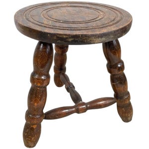 Stool Vintage French Traditional Worn Weathered Damaged Small Milking Stool Stand Braced Bobbin Leg Plinth Seating Tabouret c1950&#39;s / EVE