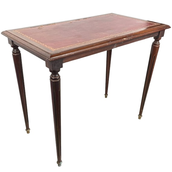 Vintage French Small Table Edwardian Reproduction Leather Topped Wooden Brown Display Rest Plinth Side DAMAGED LEATHER c1960's / EVE