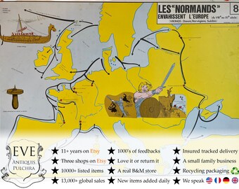 Vintage French Poster School Learning Educational Wall Display The Normans Charlemagne Learning Map Chart Teaching c1970-80's / EVE