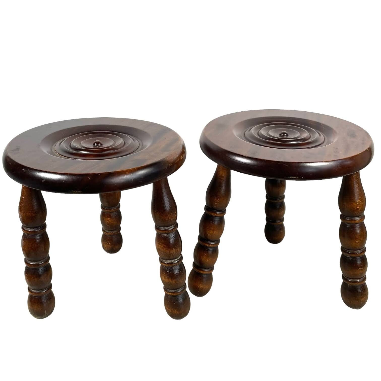 Stool Vintage French Brittany Breton Stool Round Seat Wooden