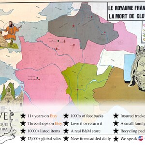 Vintage französisches Plakat Schule Lernen Lernwand Anzeige Tod von Clovis Arabische Eroberungen Lernkarte Diagramm Lehre c1970-80's / EVE
