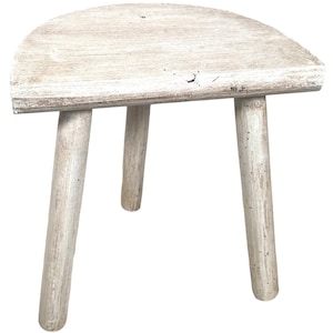 Stool Vintage French White Small Milking Stool Wooden Brown Small Chair Stand Display Rest Plinth D Shaped Seat Tabouret c1970&#39;s / EVE