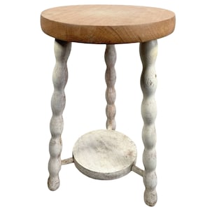 Vintage French Stool Wooden Brown Heavy Natural Wood Large