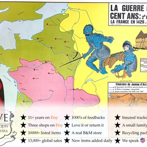 Vintage französisches Plakat Schule Lernen Lernwand Anzeige 100-jähriger Krieg Louis XI Lernkarte Diagramm Unterricht c1970-80 / EVE