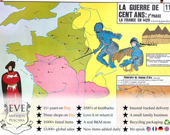 Vintage French Poster School Learning Educational Wall Display 100 Year War Louis XI Learning Map Chart Teaching c1970-80's / EVE