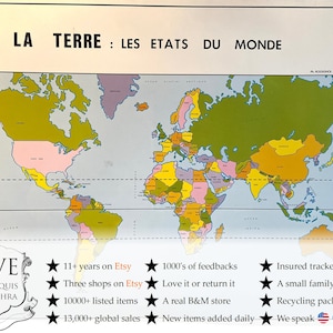 Vintage französisches Plakat Schule Lernen Lernwand Anzeige La Terre Länder Europa Höhe Lernkarte Diagramm Lehre c1970-80's / EVE