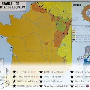 Vintage französische Plakat-Schule, die lehrreiche Anzeige Louis XIV Louis XV Französische Kolonien lernen Karte Diagramm Lehren c1970-80's / EVE