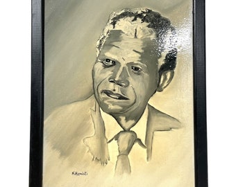 Vintage French Varnished Painting Original Artwork Portrait Moment In Time Art Nelson Mandela Signed M. Hamlati c1990-2000 / EVE