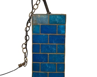 Vintage French Blue Capiz Shell Hanging Pendant Lamp With Damage Lampshade Lamp Brass Period Lighting Prop c1950-60&#39;s / EVE