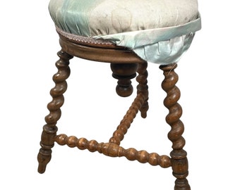 Piano Stool Antique Barley Twist French Traditional Wooden Black Adjustable Chair Rest Seating Worn EASY PROJECT c1900's / EVE