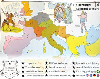 Vintage French Poster School Learning Educational Wall Display Barbarian Invasions Kingdoms Learning Map Chart Teaching c1970-80's / EVE