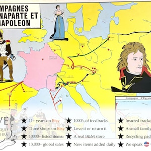 Vintage französisches Plakat Schule Lernen Lernanzeige Napoleon Kampagnen Französische Abteilungen Lernkarte Diagramm Lehre c1970-80 / EVE