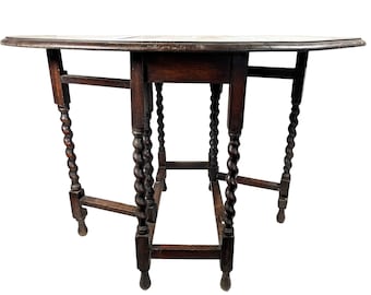 Antique English Barley Twist Pillared Folding Double Leaf Large Occasional Table WORN & Needing A Little Attention c1910-20's / EVE