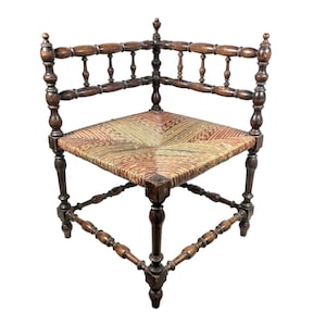 Antique French Corner Chair Woven Raffia Seat Wooden Rest Seating Damaged Display c1920&#39;s / EVE