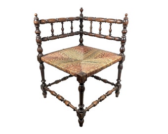 Antique French Corner Chair Woven Raffia Seat Wooden Rest Seating Damaged Display c1920's / EVE
