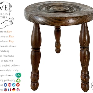 Vintage Stool French Medium Wooden Wood Milking Chair Seat Kitchen Table Round Shaped Seat Plant Rest Stand Turned Tabouret c1960-70&#39;s / EVE