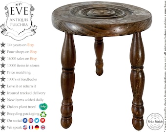Vintage Stool French Medium Wooden Wood Milking Chair Seat Kitchen Table Round Shaped Seat Plant Rest Stand Turned Tabouret c1960-70's / EVE