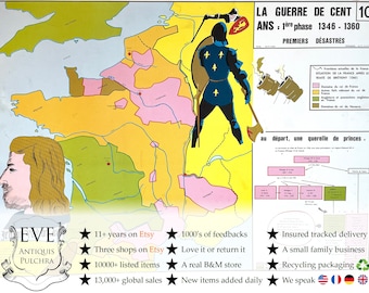 Vintage French Poster School Learning Educational Wall Display 100 Year War Philippe Auguste Learning Map Chart Teaching c1970-80's / EVE