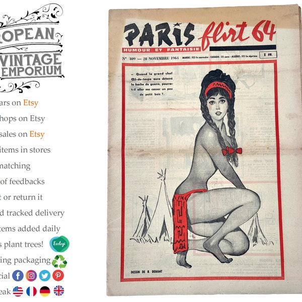Vintage French Paris Flirt Number 409 28/11/1964 Adult Comic Newspaper Humour Fantasy Cartoons Romance Memorabilia Collector c1964-65 / EVE