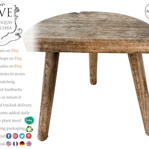 Stool Vintage French Small Milking Stool Wooden Brown Small Chair Stand Display Rest Plinth D Shaped Seat Tabouret c1970-80&#39;s / EVE