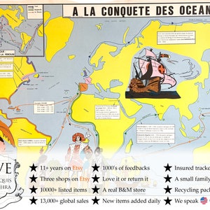 Vintage französisches Plakat Schule Lernen Lerndisplay Eroberung Ozeane Kulturelle Revolution Lernen Karte Diagramm Lehren c1970-80's / EVE
