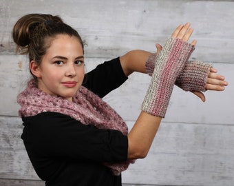 fingerless gloves pink purple grey handmade knit