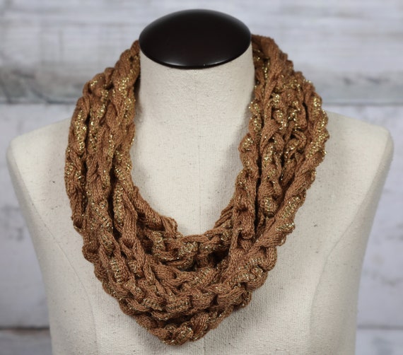 Gold Infinity Scarf Bronze With Gold Chain Crochet Infinity Scarf