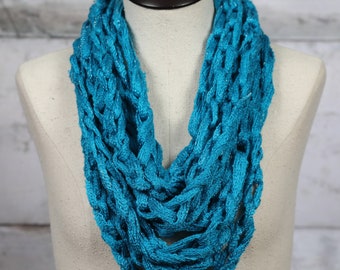 aqua blue with silver specks crochet chain cowl/infinity scarf