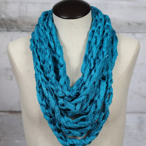 aqua blue with silver specks crochet chain cowl/infinity scarf