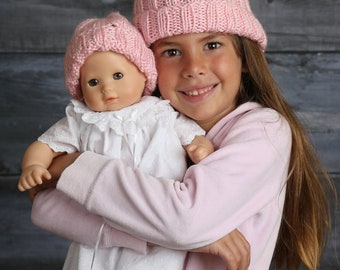 girls knit hat with matching baby doll hat