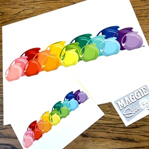 May include: A rainbow of colorful ceramic pitchers arranged in a row, with the colors transitioning from pink to purple. The pitchers are all the same size and shape, and they are all slightly tilted to the side. The pitchers are arranged on a white background.