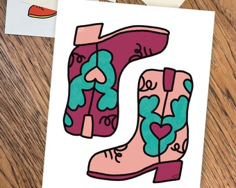 Colorful Cowboy Boots Art Print, Funky Western Decor