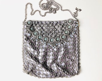 Swarovski Crystal Chainmail Embellished Crossbody by Kenny MA / Metal Mesh Links and Discs Bag with Silver Satin Lining