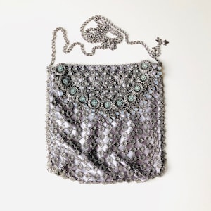 Swarovski Crystal Chainmail Embellished Crossbody by Kenny MA // Metal Mesh Links and Discs Bag with Silver Satin Lining